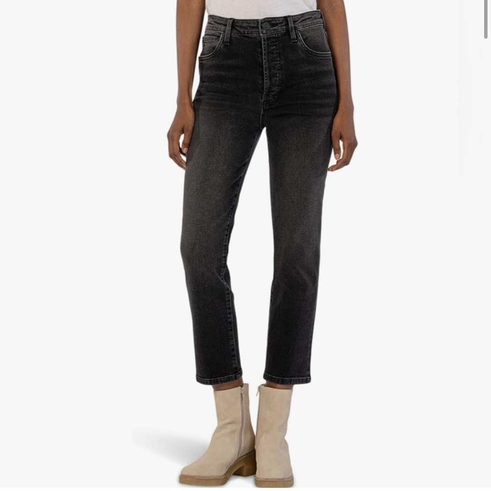 Kut from the Kloth Crop Vintage Straight Leg High Rise Black Denim Size 14